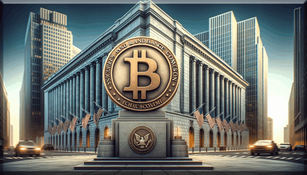 Symbolische afbeelding van Bitcoin tegenover traditionele banken, met bankgebouw en Bitcoin-logo.