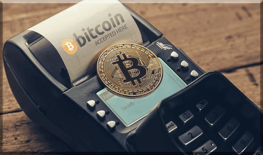 Afbeelding van een digitale Bitcoin-betaling met QR-code en smartphone in moderne stijl.
