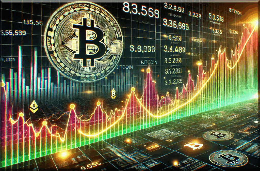 Grafiek die de koersontwikkeling van Bitcoin toont, met stijgende en dalende lijnen en cryptomarktgegevens β CryptoJournaal