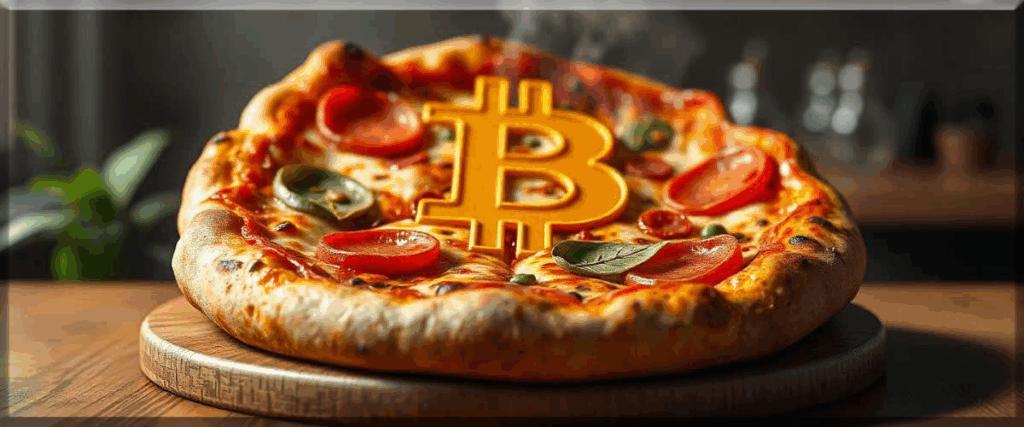 Illustratie van Bitcoin Pizza Day met pizza's en het Bitcoin-logo als symbool voor de eerste echte aankoop met Bitcoin.