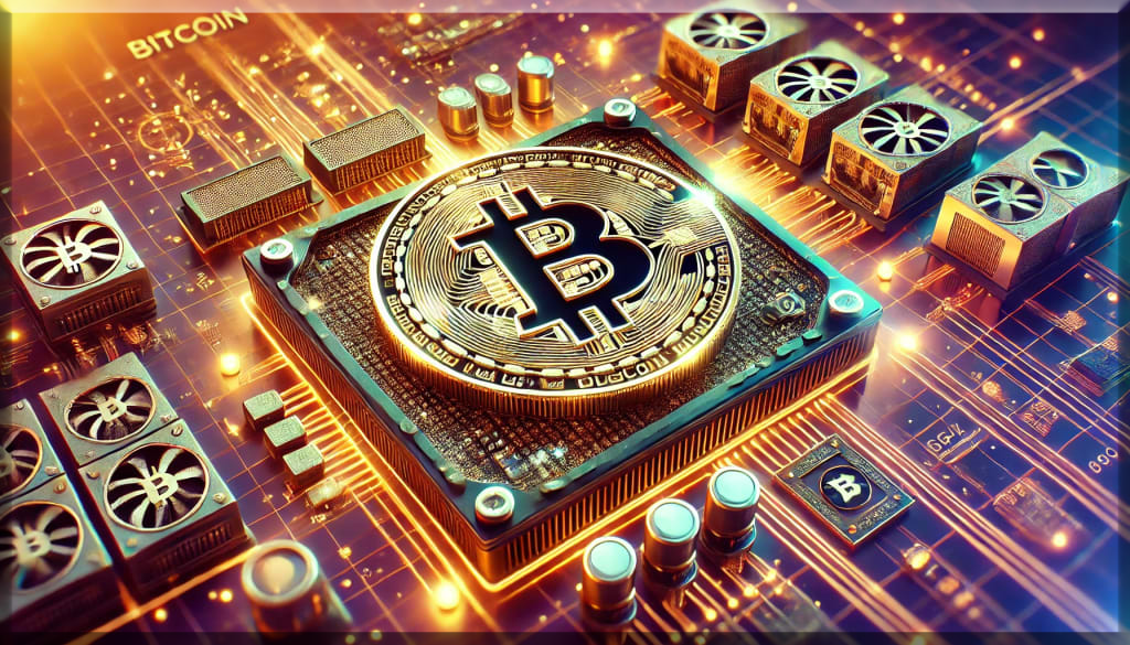 Grafische weergave van het Proof-of-Work mechanisme binnen het Bitcoin-netwerk, met focus op mining en rekenkracht.